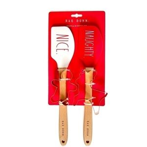 RAE DUNN NAUGHTY NICE 4 Pc Spatulas Cookie Cutters Holiday Christmas Baking Set